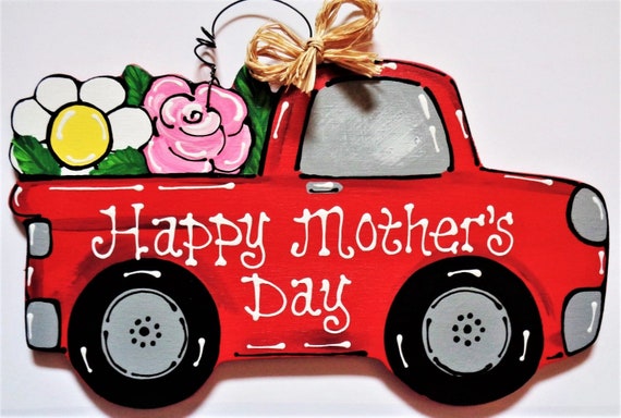 HAPPY MOTHERS DAY Vintage Style Red Truck Sign Wall Art Door