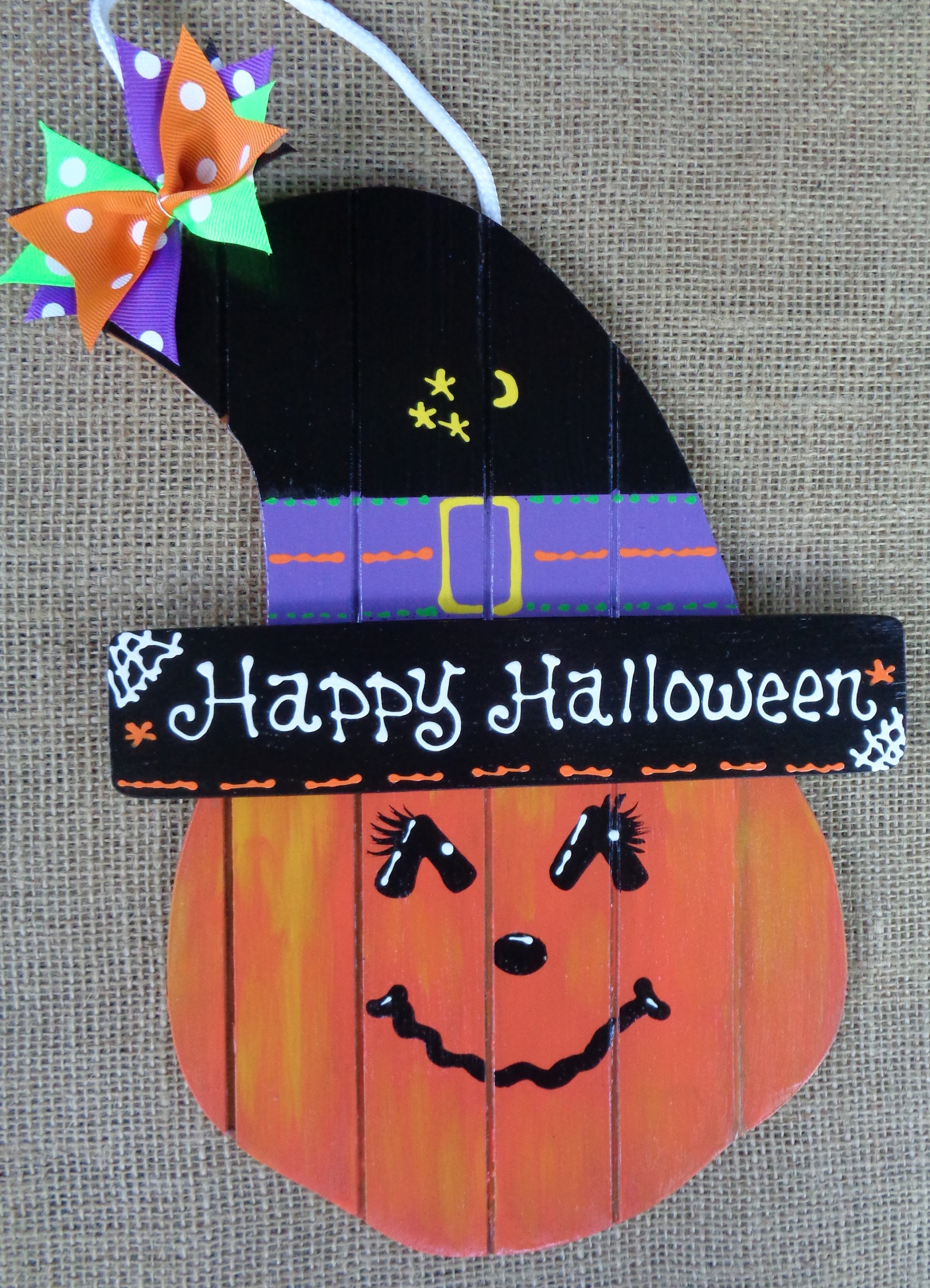 Happy Halloween PUMPKIN SIGN Witch Hat Wall Art Door Plaque Holiday ...