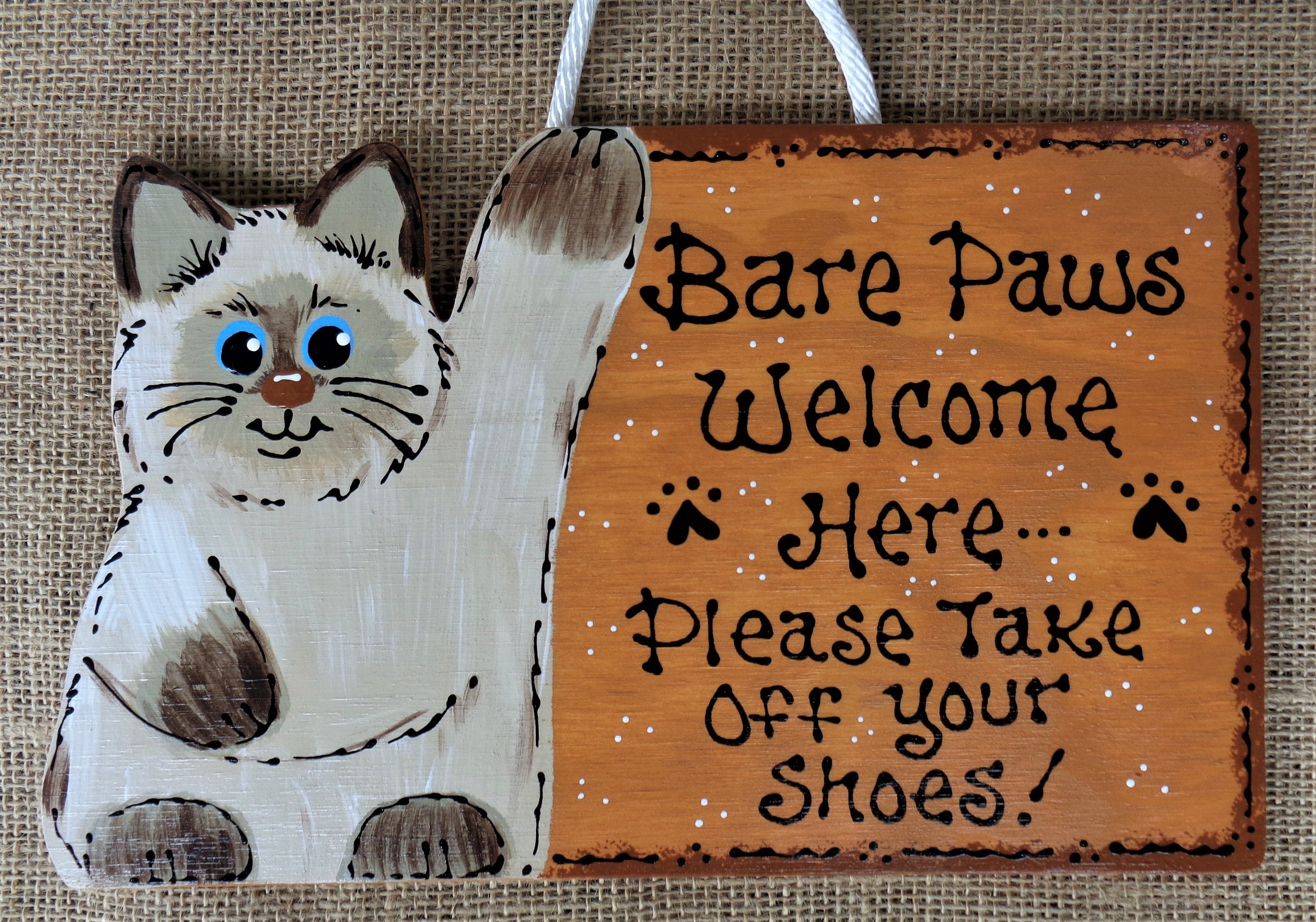 Adorable BARE PAWS CAT Welcome Here Take Off Remove Shoes Sign Country Wood  Crafts Handcrafted Handepainted Plaque Wood Wooden Door Hanger