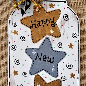 Glittered HAPPY NEW YEAR Mason Jar Sign Family Wall Art Door Hanger Plaque Home Handcrafted Hand Painted Wreath Addition Wood Wooden