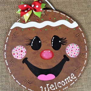 GINGERBREAD Face CIRCLE SIGN Wall Door Winter Christmas Plaque Wreath Welcome Decor Handcrafted Hand Painted Wood Wooden Country Wood Crafts