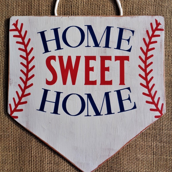 HOME SWEET HOME Distressed White Washed Baseball Plate Sign Primitive Handcrafted Wood Wooden Hand Painted Wall Door Plaque Wreath Deco
