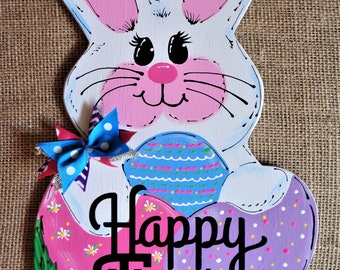 HAPPY EASTER RABBIT Wall Art Door Sign Hanger Hanging Bunny Plaque Seasonal Spring Holiday Handcrafted Hand Painted Wood Wooden  Door Hanger