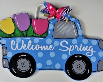 WELCOME SPRING Blue w/Light Blue Polka Dots TRUCK Wall Art Door Hanger Plaque Handcrafted Hand Painted Tulips Seasonal Craft Wood Wooden