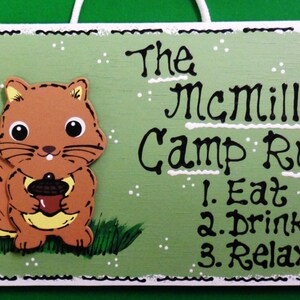 Sage Green Personalized SQUIRREL CAMP RULES Sign Camping Campsite Cabin Hanger Decor Nature Plaque Wood Wooden  Door Hanger
