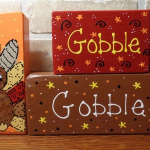 Gobble Gobble 3 Pc. Turkey WOOD BLOCK Shelf Sitter SET Thanksgiving Fall Autumn Chunky Sign Handcrafted Hand Painted Wood Wooden
