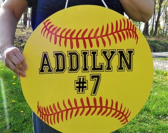 Personalized SOFTBALL  18" Large Room Sign Door Hanger Team Yellow Little League T-Ball Team Name