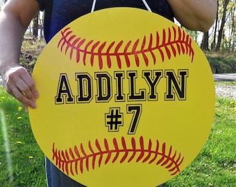 Personalized SOFTBALL  18" Large Room Sign Door Hanger Team Yellow Little League T-Ball Team Name