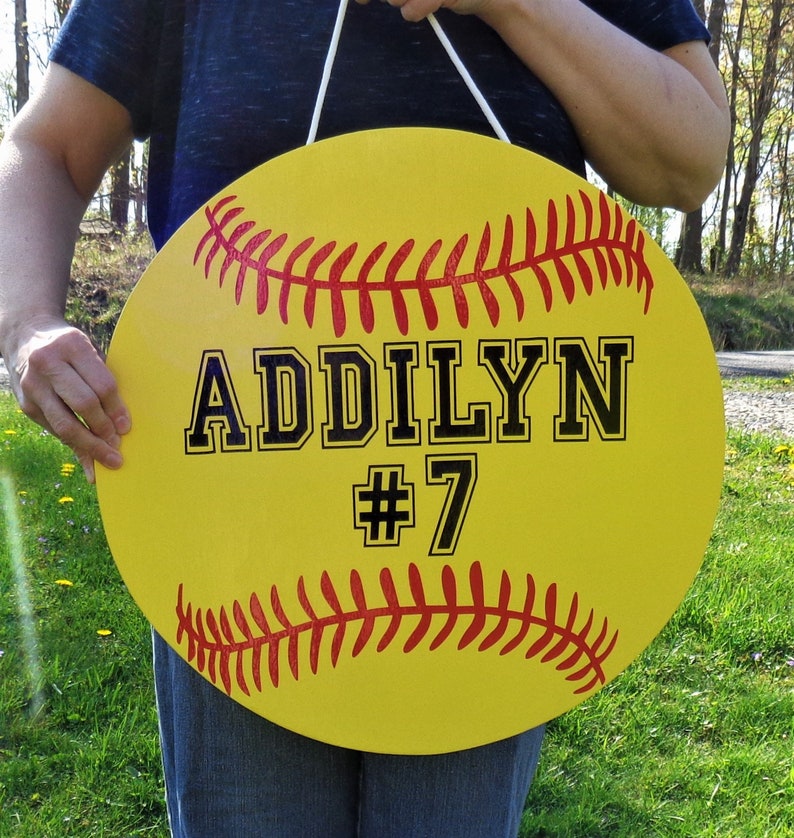 Personalized SOFTBALL 18 Large Room Sign Door Hanger Team Yellow Little League T-Ball Team Name image 1