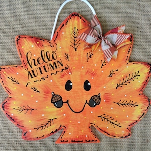 Hello Autumn Leaf Sign Fall Acorn  Holiday Decor Country Wood Crafts Plaque Handcrafted Handpainted Wood Wooden Door Hanger