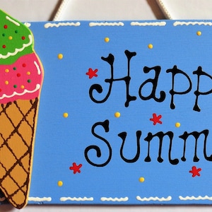 ICE CREAM CONE Happy Summer Sign Wall Hanging Plaque Home Deck Backyard Porch Pool Hand Painted Handcrafted Wood Wooden  Door Hanger