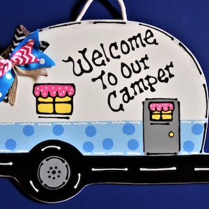 Welcome To Our CAMPER SIGN Campsite Trailer Camp Cabin Camping Wood Art Plaque Handcrafted Hand Painted Wooden Door Hanger