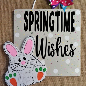 SPRINGTIME WISHES Bunny Carrot Door Sign Hanger Hanging Plaque Seasonal Spring Holiday Handcrafted Hand Painted Wood Wooden Easter Hanger