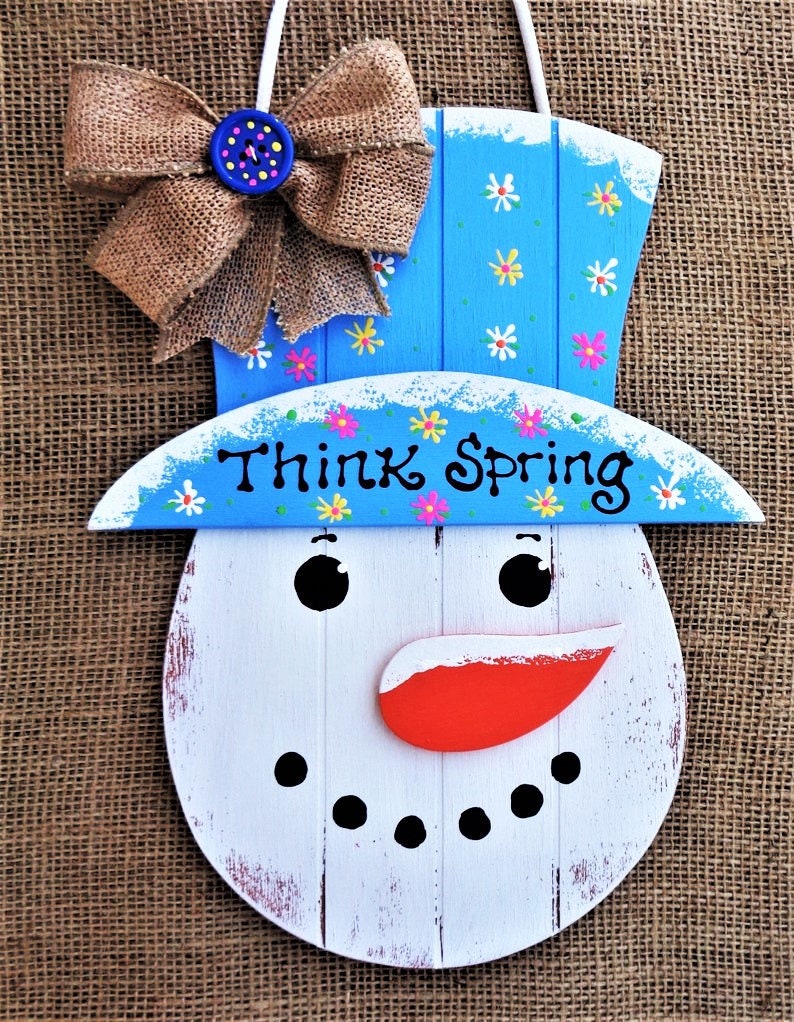 THINK SPRING Springtime Snowman Sign Wall Art Door Hanger Hanging Plaque Handcrafted Hand Painted Wood Wooden Seasonal Decor