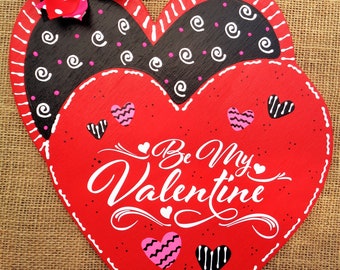 Be My Valentine Red Heart Door Hanger Sign Wall Wreath Red Pink Black Stripes Holiday Hearts