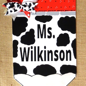 Personalized Cow Print TEACHER PENCIL SIGN Name Plaque School Class Classroom Wall Hanger Handcrafted Hand Painted Wood Wooden Door Hanger