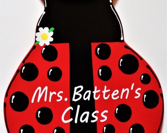 LADYBUG TEACHER SIGN Wall Art Hanger Plaque Decor Hand Painted Handcrafted Wood Classroom Class School Aide Door Hanger