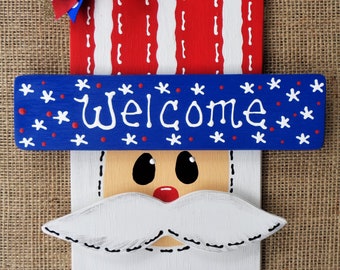 WELCOME 4th of July UNCLE SAM Sign Americana Wall Art Door Hanger Plaque Porch Deck Patio Hand Painted Handcrafted Wood Seasonal Summer