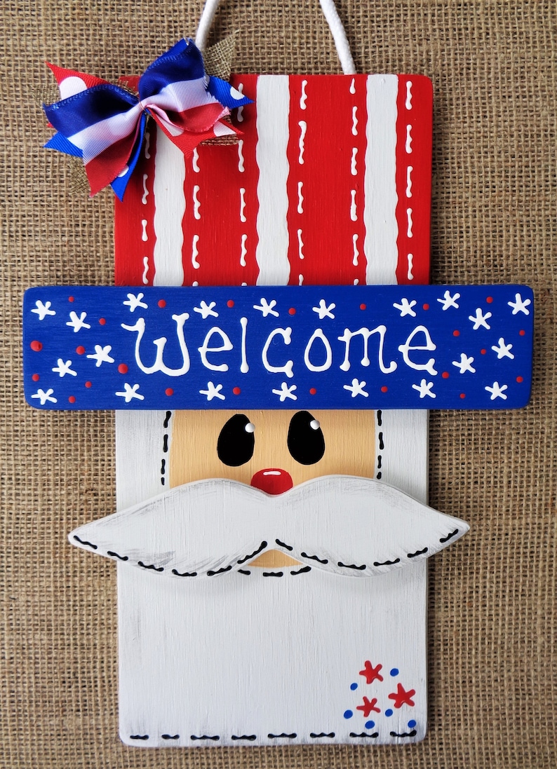 WELCOME 4th of July UNCLE SAM Sign Americana Wall Art Door Hanger Plaque Porch Deck Patio Hand Painted Handcrafted Wood Seasonal Summer image 1