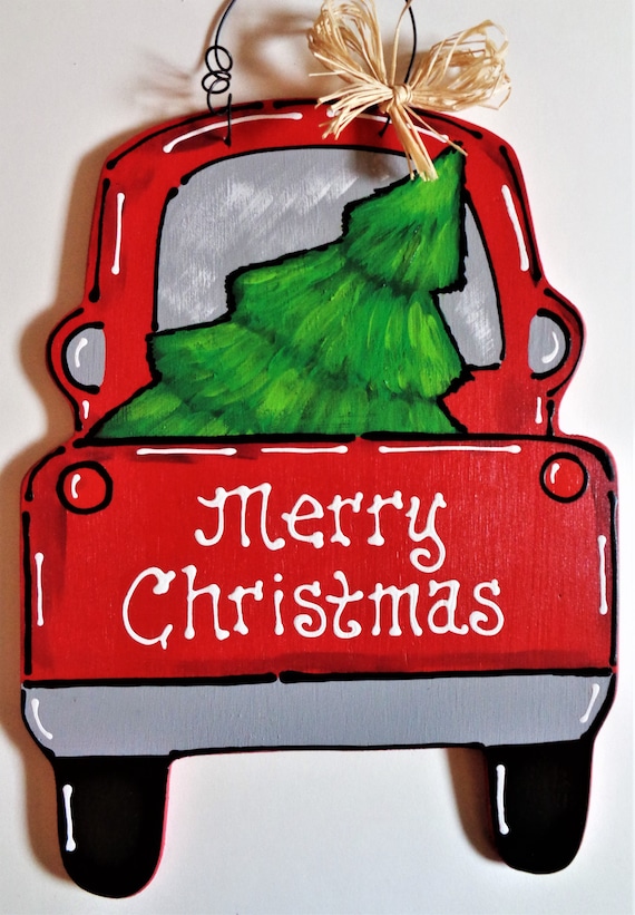 Merry Christmas Vintage Style Red Truck Tree Wall Door Hanger Etsy