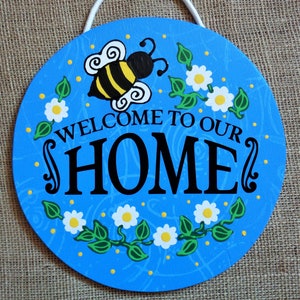 Welcome To Our Home CIRCLE SIGN Bumblebee Handcrafted Hand Painted Wall Door Plaque Wreath Attachment Country Decor Wood Wooden Door Hanger