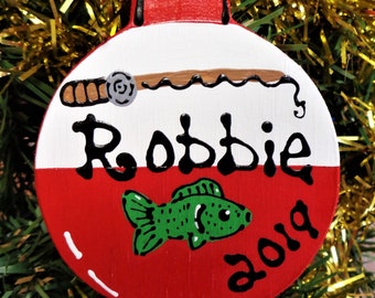 U Choose Name & Date Personalize Christmas FISHING BOBBER Fish ORNAMENT Camp Ocean Sea Tropical Beach Handcrafted Handpainted Wood Wooden
