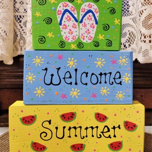 Distressed 3 Pc. Welcome Summer WOOD BLOCK Shelf Sitter SET Flip Flops Watermelon Seasonal Sign Sun Handcrafted Hand Painted Wooden