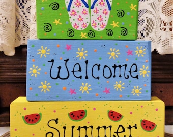 Distressed 3 Pc. Welcome Summer WOOD BLOCK Shelf Sitter SET Flip Flops Watermelon Seasonal Sign Sun Handcrafted Hand Painted Wooden