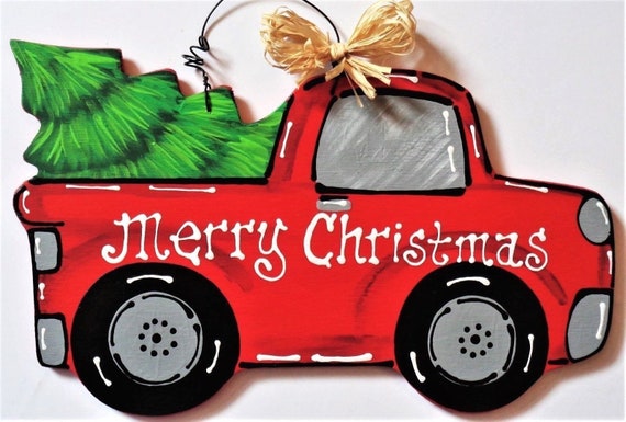 Merry Christmas Vintage Style Red Truck Tree Wall Art Door Etsy