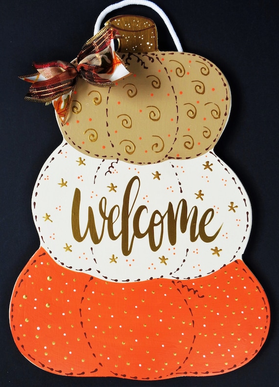 Welcome Stacked Pumpkins Thanksgiving Fall Sign Wall Art Etsy