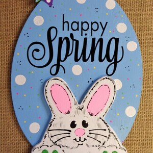 HAPPY SPRING Bunny Blue Egg Shaped Door Sign Hanger Hanging Plaque Seasonal Spring Handcrafted Hand Painted Wood Wooden Easter Hanger
