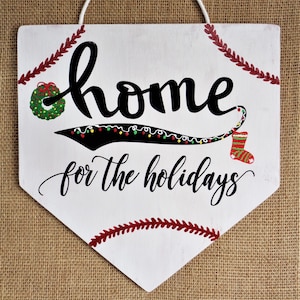 Home for the Holidays Distressed White Washed BASEBALL PLATE Sign Farmhouse Primitive Wood Hand Painted Wall Door Plaque Wreath Attachment