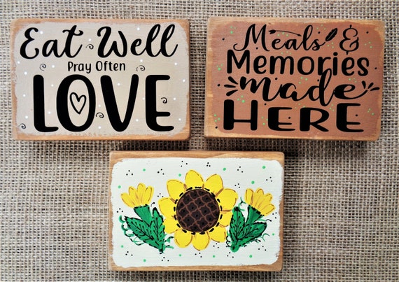 3 PIECE SET Tiered Tray MINI Sunflower Handcrafted Hand Painted Wood Wooden Kitchen Decor Shelf Sitters Vignette Setting Plaques