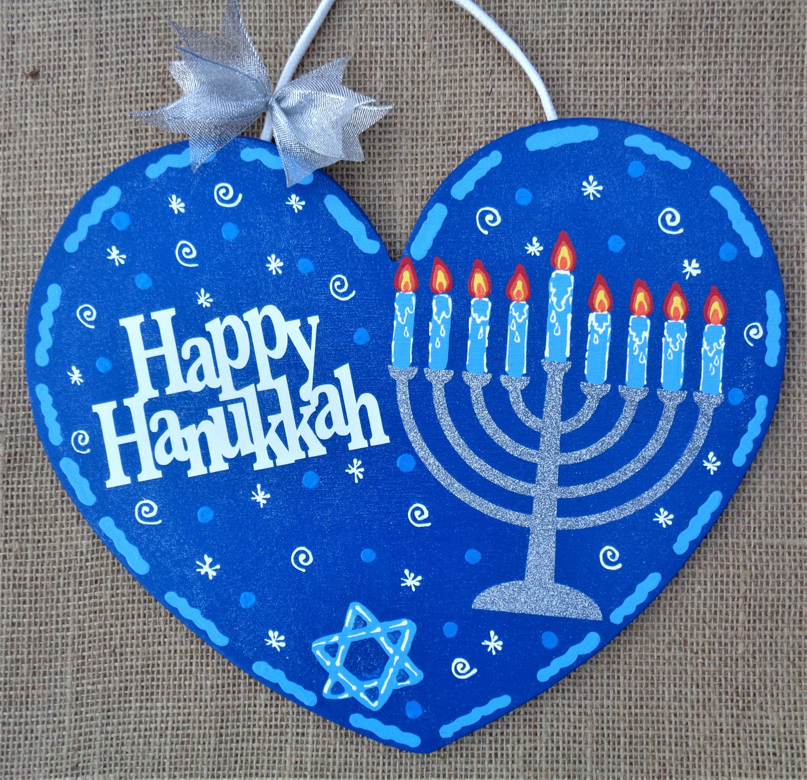 Happy HANUKKAH Menorah Star of David Festival of Lights Plaque Holiday Decor Handcrafted Hand Painted Wood Wooden Door Hanger