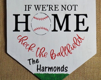 Personalized Baseball Home Plate Sign: Check Ballfield Wood Plaque