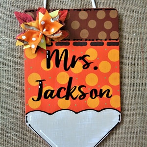 Personalized TEACHER Fall  PENCIL SIGN Name Plaque School Class Fall Decor Wall Hanger Handcrafted Hand Painted Wood Wooden Door Hanger