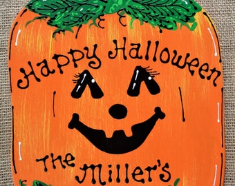 HAPPY HALLOWEEN Personalized Name Pumpkin Sign Fall Autumn Decor Plaque Wood Wooden  Door Hanger