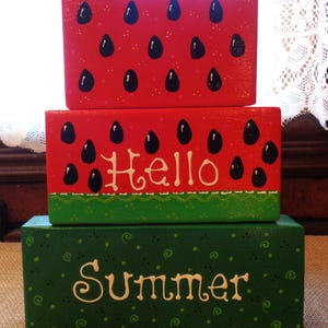 Distressed 3 Pc. Hello Summer WOOD BLOCK Shelf Sitter SET Watermelon Seasonal Sign Sun Handcrafted Hand Painted Wooden