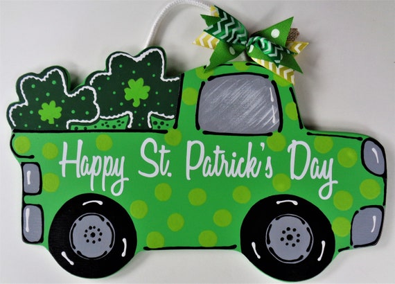 Happy St Patrick S Day Vintage Truck W Polka Dots Sign Wall Art Door Hanger Holiday Plaque Handcrafted Hand Painted Country Wood Craft