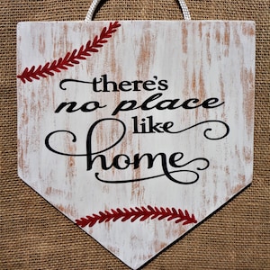 DISTRESSED There&#39;s No Place Like HOME BASEBALL Sign Handcrafted Hand Painted Wall Door Plaque Wreath Attachment Wood Wooden Hanger