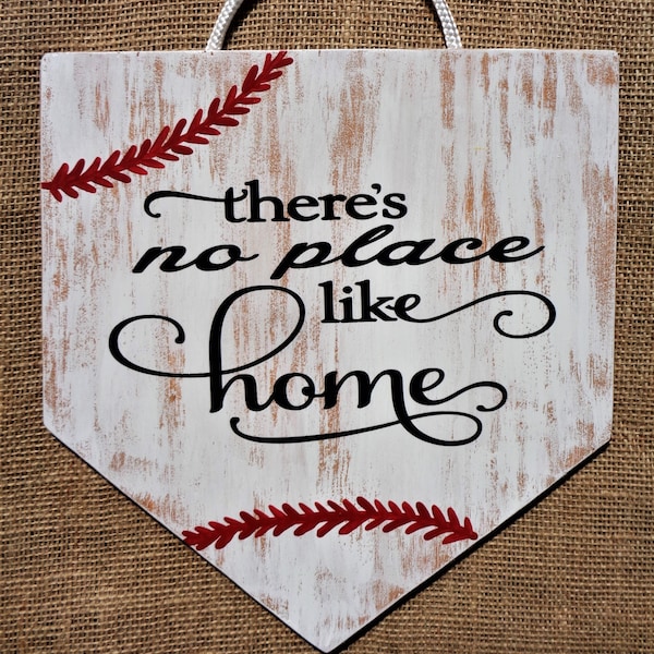 DISTRESSED There's No Place Like HOME BASEBALL Sign Handcrafted Hand Painted Wall Door Plaque Wreath Attachment Wood Wooden Hanger