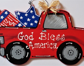 God Bless America VINTAGE STYLE TRUCK Americana 4th July Sign Wall Door Hanger Wall Art Plaque  Handcrafted Hand Painted Country Wood Craft