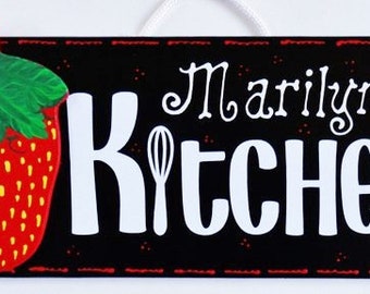 Personalize STRAWBERRY KITCHEN Name SIGN Wall Hanging Hanger Plaque Country Wood Crafts Handcrafted Strawberries Decor Wood Wooden