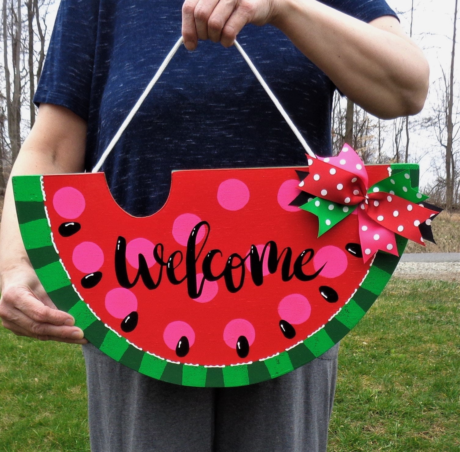 WELCOME Red Watermelon SIGN Wall Art Door Hanger Plaque Pool Backyard Porch Deck Patio Hand Painted Handcrafted Wood Seasonal Summer