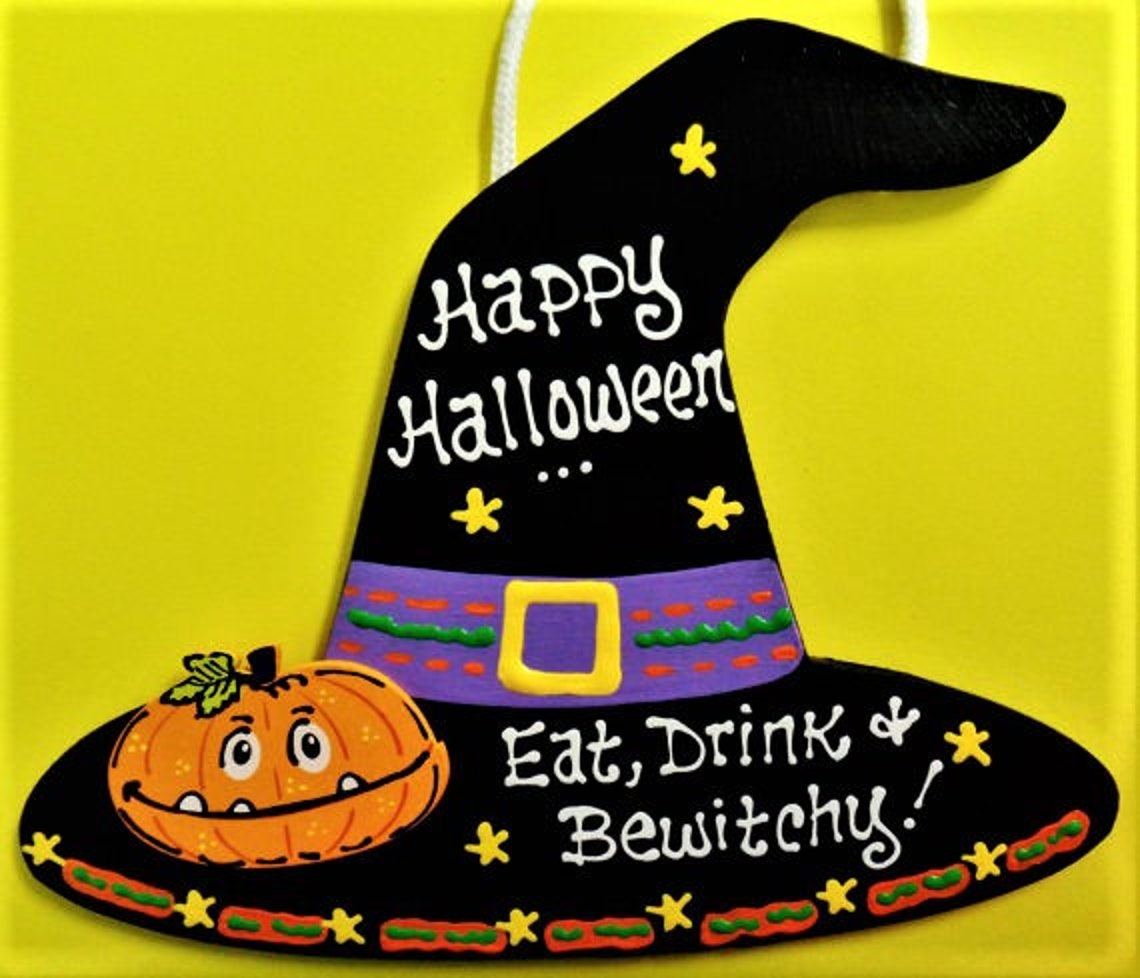 HAPPY HALLOWEEN Be Witchy Witch Hat Sign Pumpkin Plaque Wall Decor ...