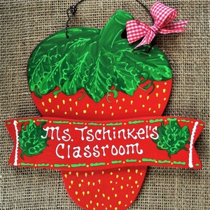 Personalized STRAWBERRY TEACHER SIGN Plaque School Handcrafted Class Aide Classroom Country Wood Wooden Door Hanger