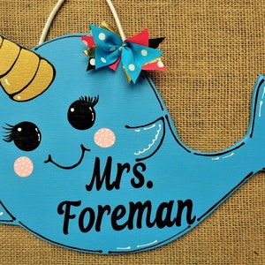 NARWHAL TEACHER SIGN Wall Art Hanger Plaque Whale Decor Hand Painted Handcrafted Wood Wooden Classroom Class School Aide Door Hanger