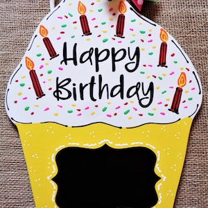 HAPPY BIRTHDAY CHALKBOARD Cupcake Sign Wall Art Door Hanger Plaque Decor Handcrafted Hand Painted Country Wood Crafts Wood Wooden