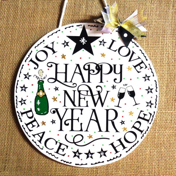 Handcrafted Holographic Glitter Happy New Year Sign: Holiday Door Hanger