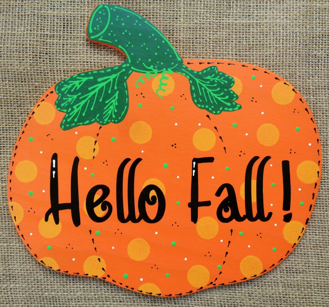 HELLO FALL Wood Wooden PUMPKIN Sign Wall Art Door Plaque Hanger